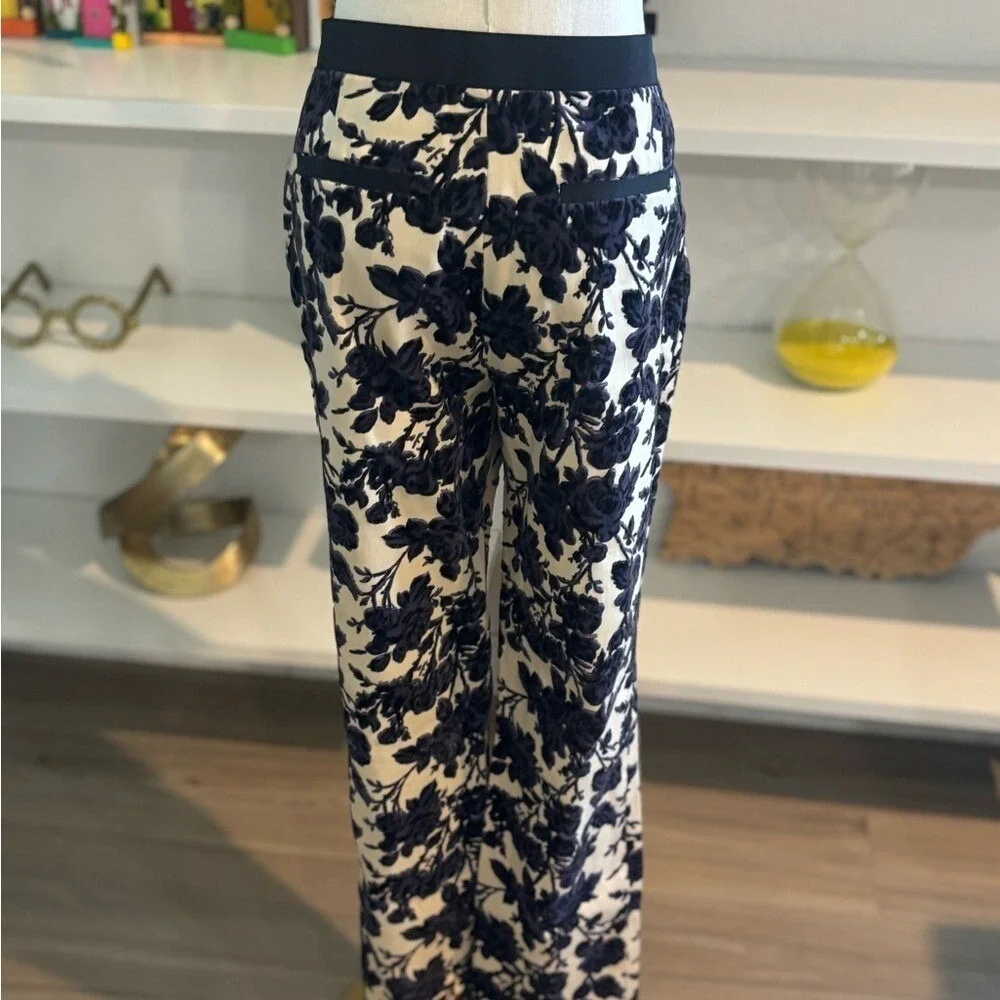 Tory Burch Floral Velvet Burnout Trousers Navy Cream Devore Slim Leg Pants